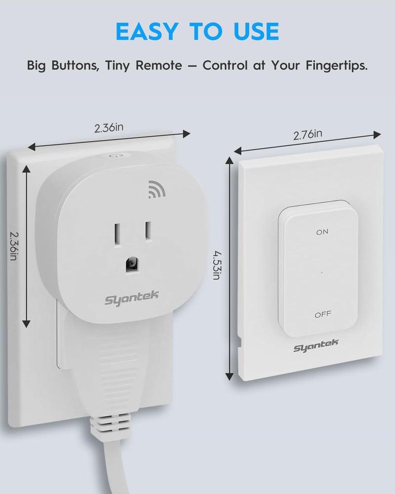 Syantek مخرج تحكم عن بُعد 15A/1875W مفتاح ضوء محمول مثبت على الحائط، مفتاح ضوء لاسلكي 200 قدم، مفتاح مخرج كهربائي للتشغيل والإيقاف للمصابيح والمراوح وأضواء عيد الميلاد، مبرمج - Image 4